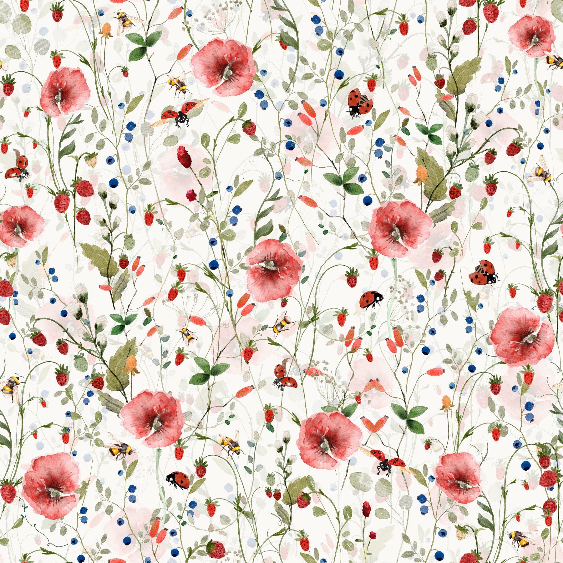 Watercolor Strawberry Flower Meadow Wallpaper⁠