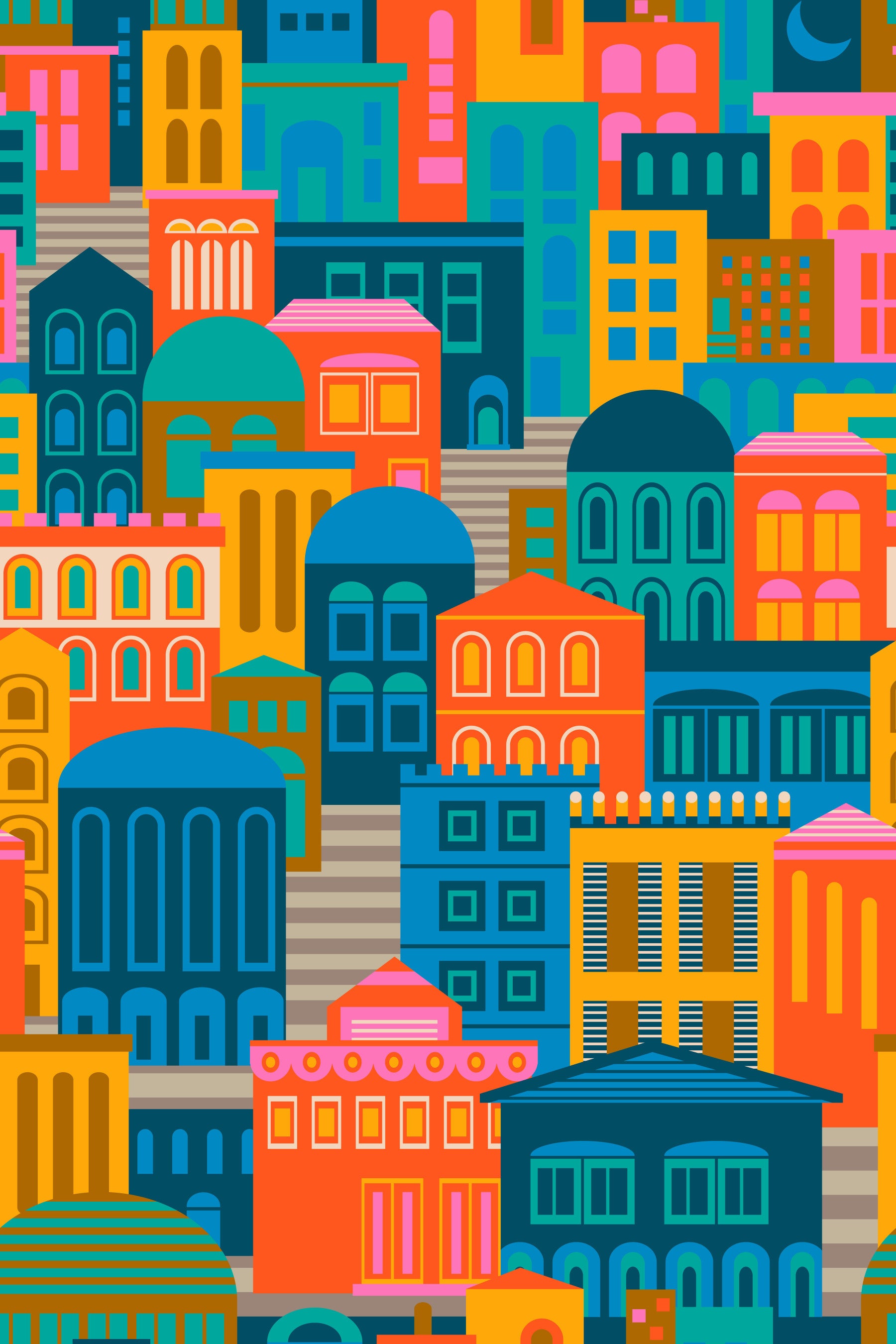 City Lights At Night Vintage Travel Bright Geometric Buildings Moon Rainbow Brights  Wallpaper⁠