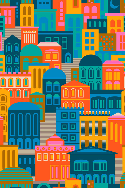 City Lights At Night Vintage Travel Bright Geometric Buildings Moon Rainbow Brights  Wallpaper⁠