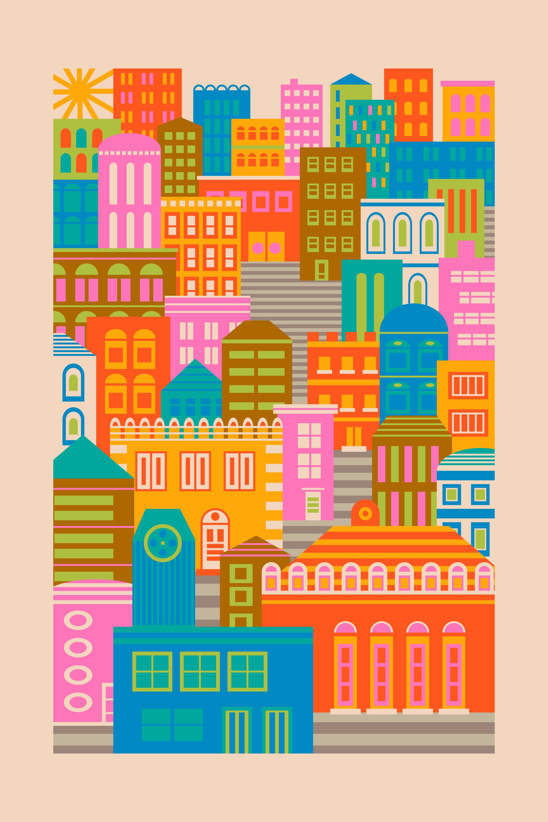 City Lights By Day Vintage Travel Bright Geometric Buildings Sunshine Rainbow Brights  Wall Mural in your room — zoomed