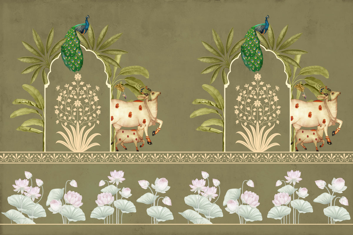Tulsi-Green Kamdhenu Wall Mural in your room — zoomed