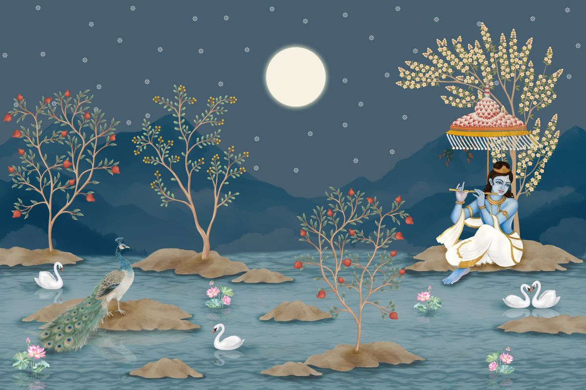 Krishna's Lunar Serenity Wall Mural in your room — zoomed