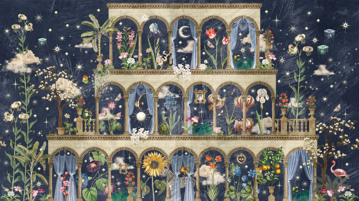 Floral Nightscape Garden on Blue Wall Mural
