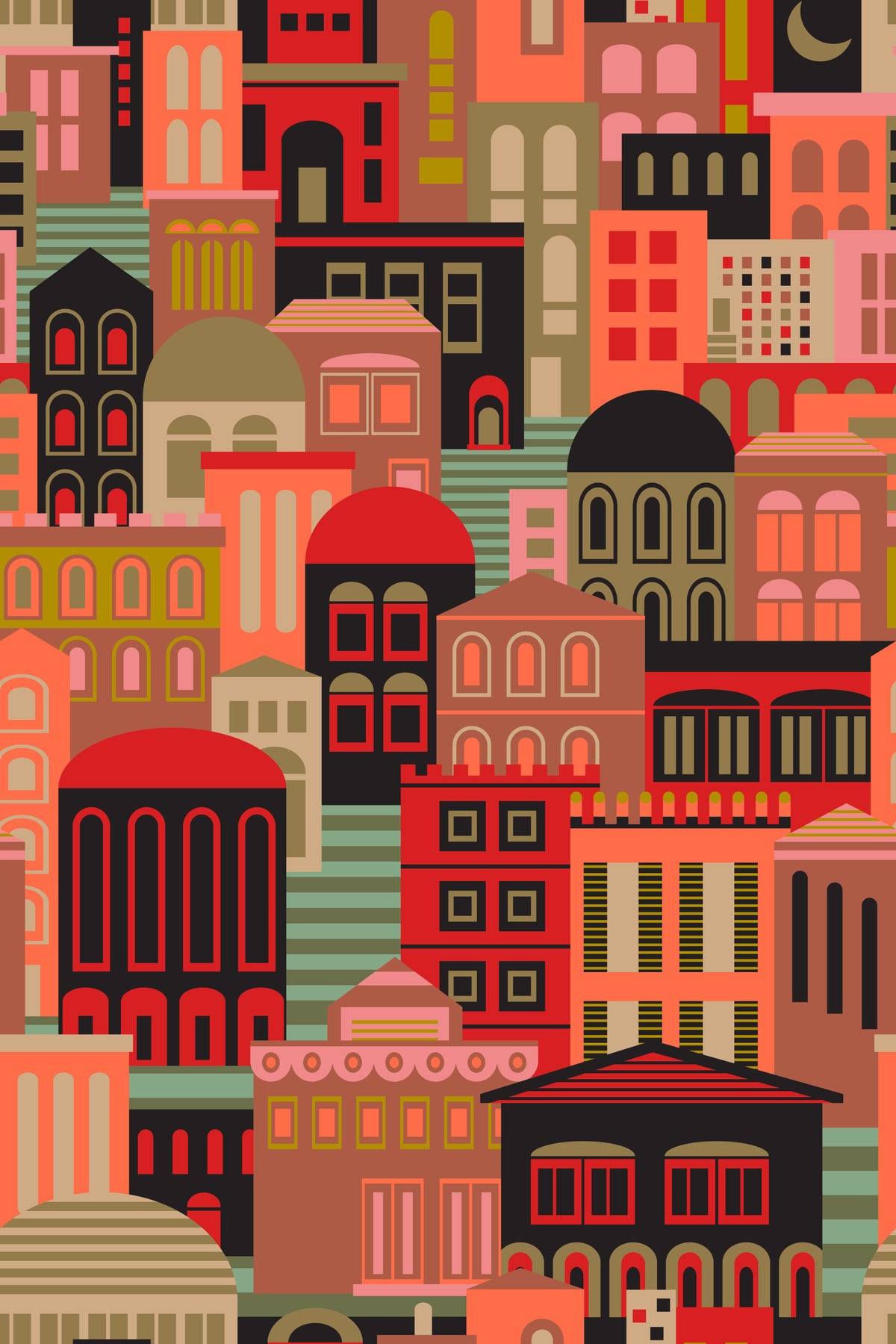 City Lights At Night Vintage Travel Bright Geometric Buildings Moon Vintage 1950s Colours Wallpaper⁠