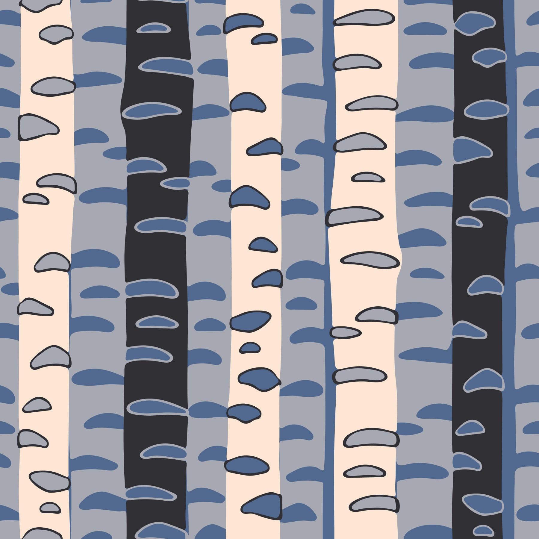 Birch Tree Stripes Retro Abstract Forest in Blue Black Cream Gray Wallpaper⁠