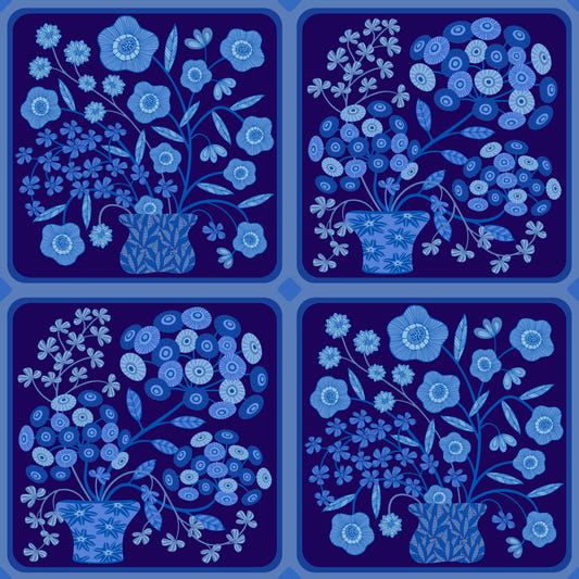 Flower Bouquet Tiles Floral Dark Delft Blue Wallpaper⁠
