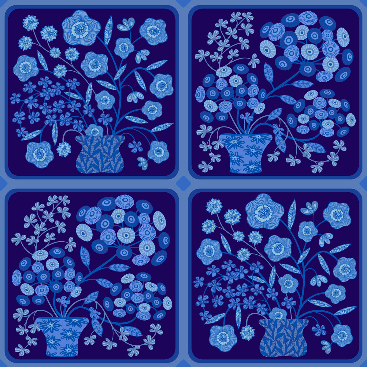 Flower Bouquet Tiles Floral Dark Delft Blue Wallpaper⁠ in your room — zoomed