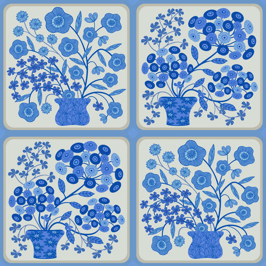 Flower Bouquet Tiles Floral Light Delft Blue and White Wallpaper⁠