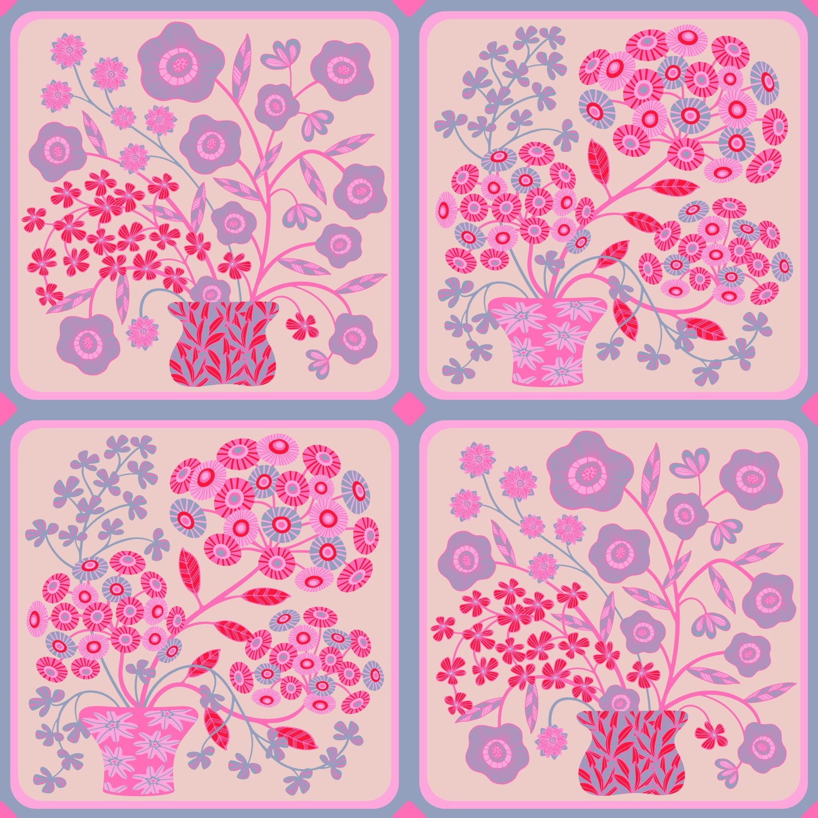Flower Bouquet Tiles Floral Pretty Pink Red Fuchsia Lavender Purple Wallpaper⁠