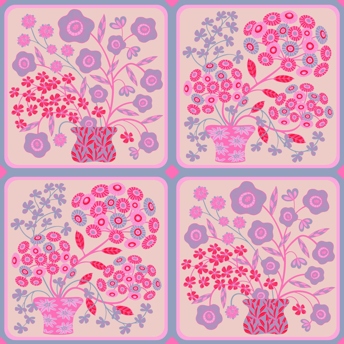 Flower Bouquet Tiles Floral Pretty Pink Red Fuchsia Lavender Purple Wallpaper⁠ in your room — zoomed