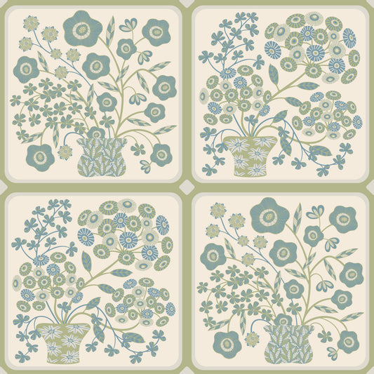 Flower Bouquet Tiles Floral Sage Green Blue Wallpaper⁠
