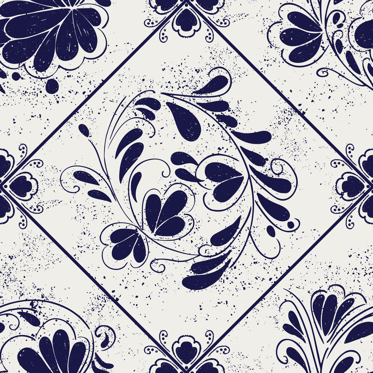 Vintage Indigo Floral Tiles Wallpaper⁠