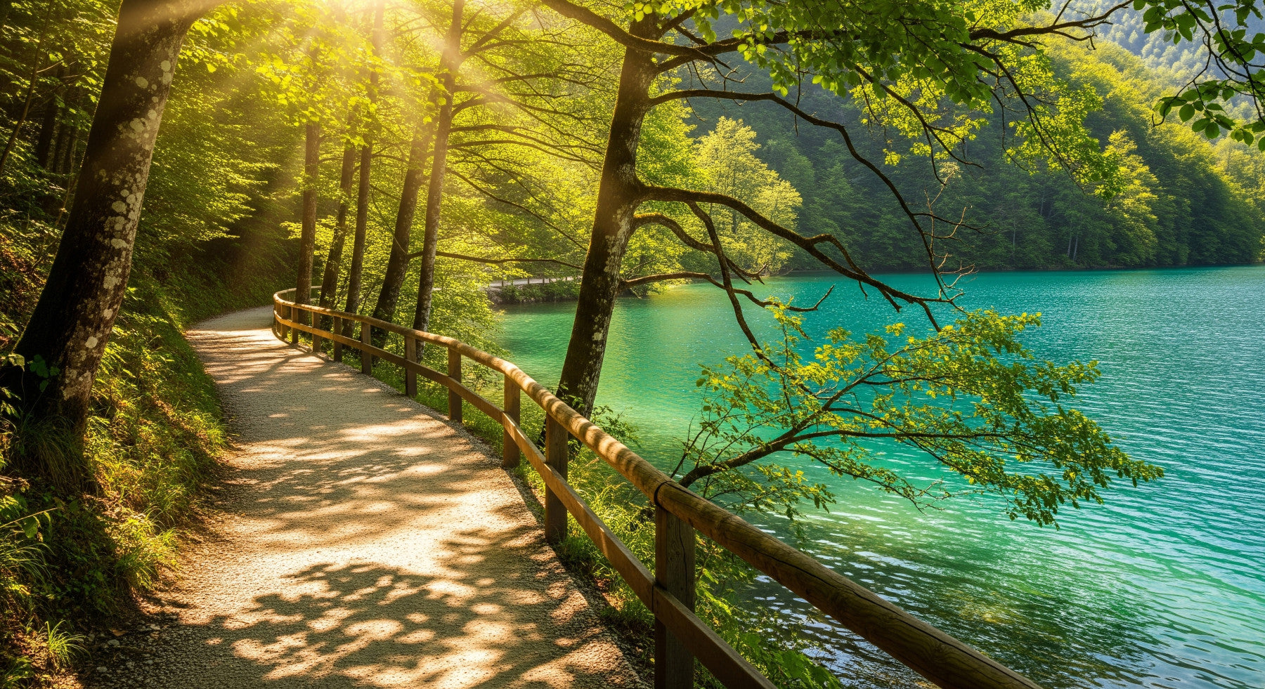 Sunlit Lakeside Path Wall Mural
