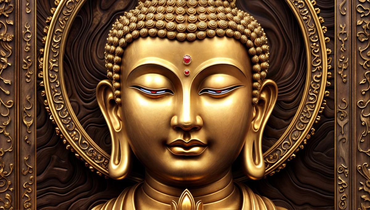 Serene Gold Buddha Wall Mural in your room — zoomed
