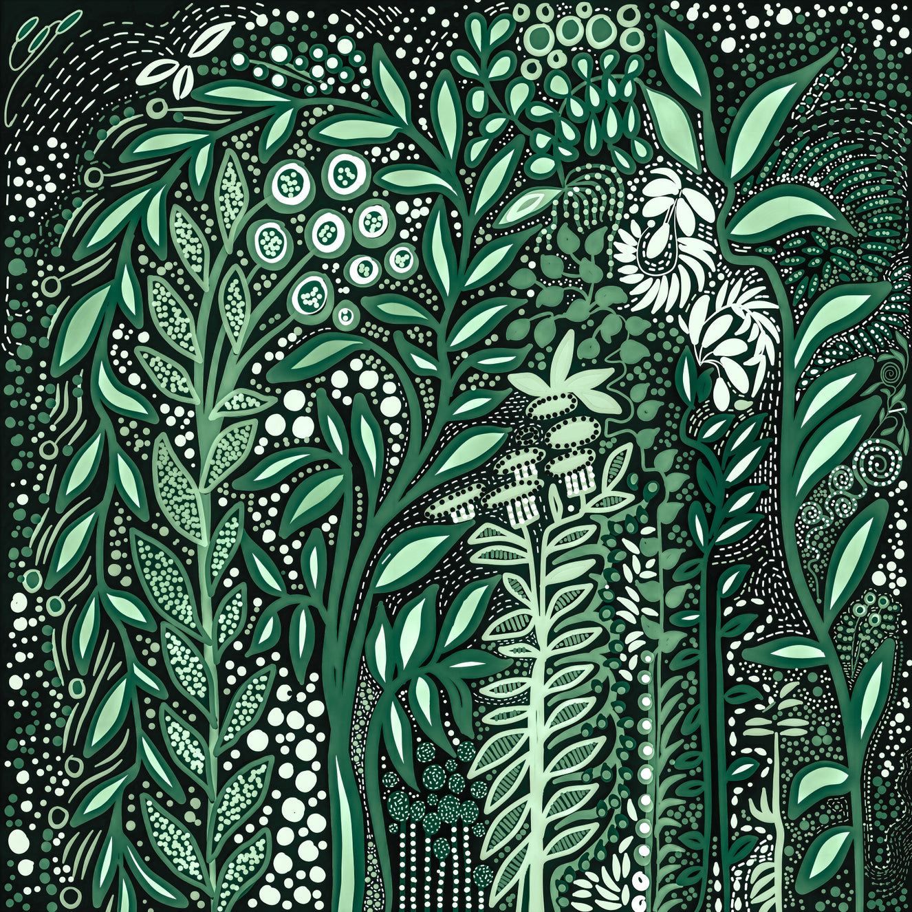 Tropifolia Alborosa Intricate Tropical Green Botanical Pattern with White Leaves and Delicate Floral Details Wall Mural