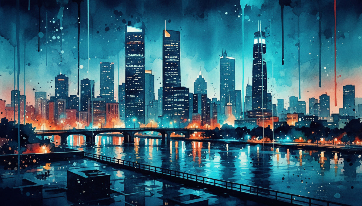 Watercolor Cityscape Wall Mural in your room — zoomed
