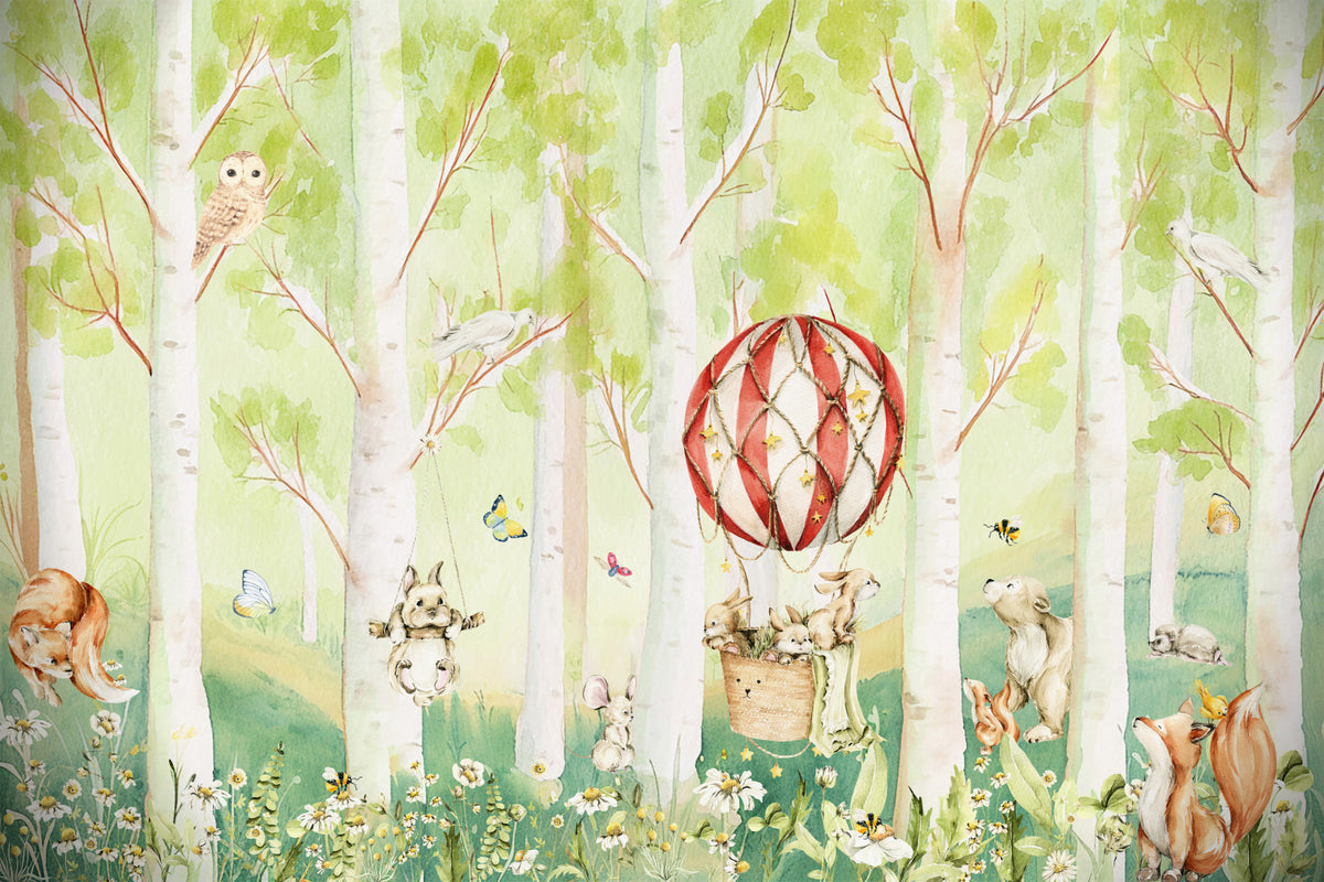 Woodland Whimsical Animals Balloon Ride Wall Mural in your room — zoomed
