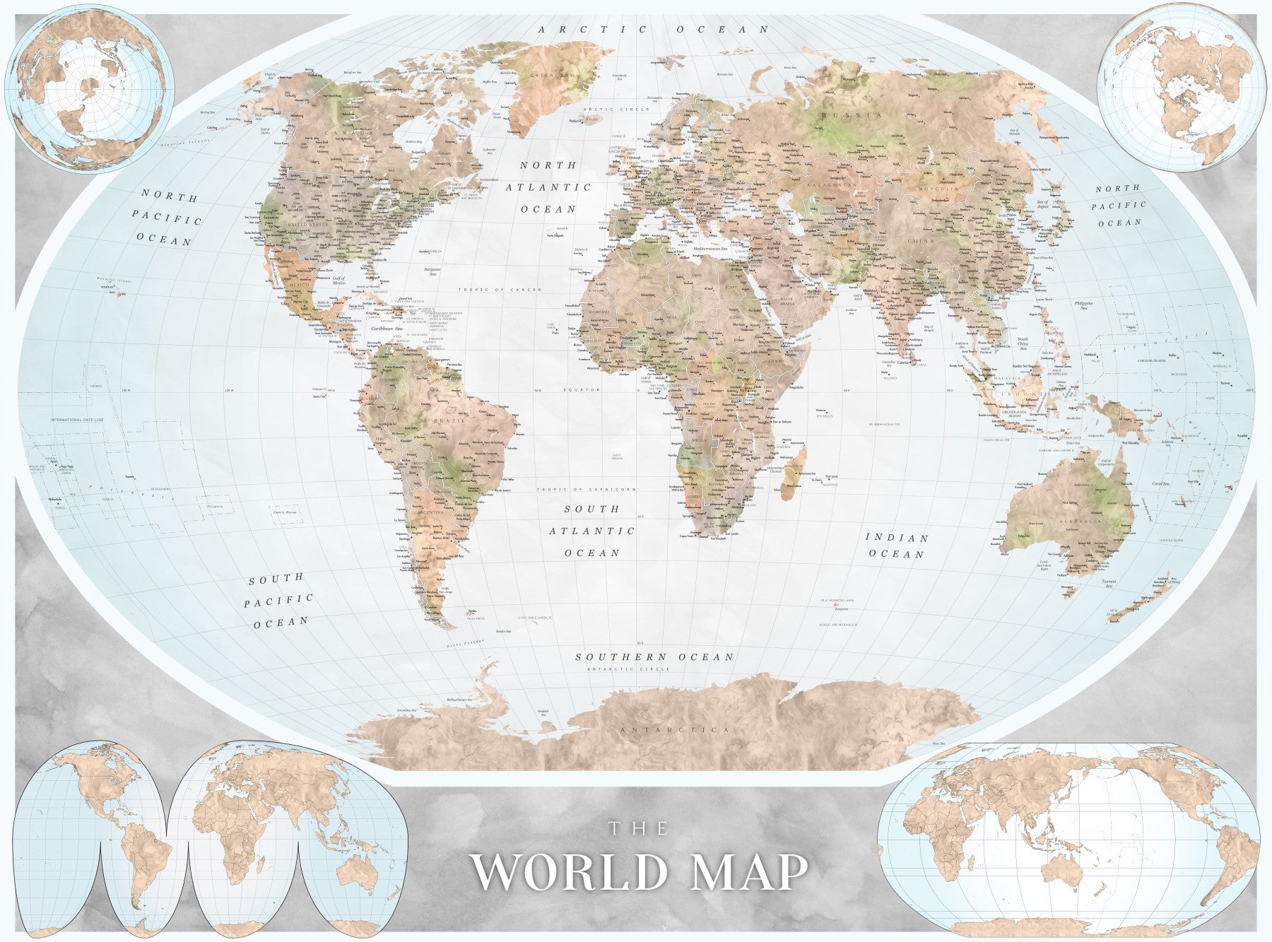 Classic world map in blue and earthy tones Wall Mural