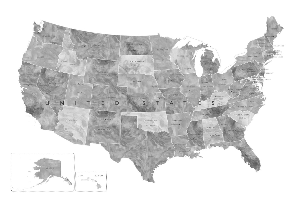 USA map with states and capitals in gray watercolor Wall Mural