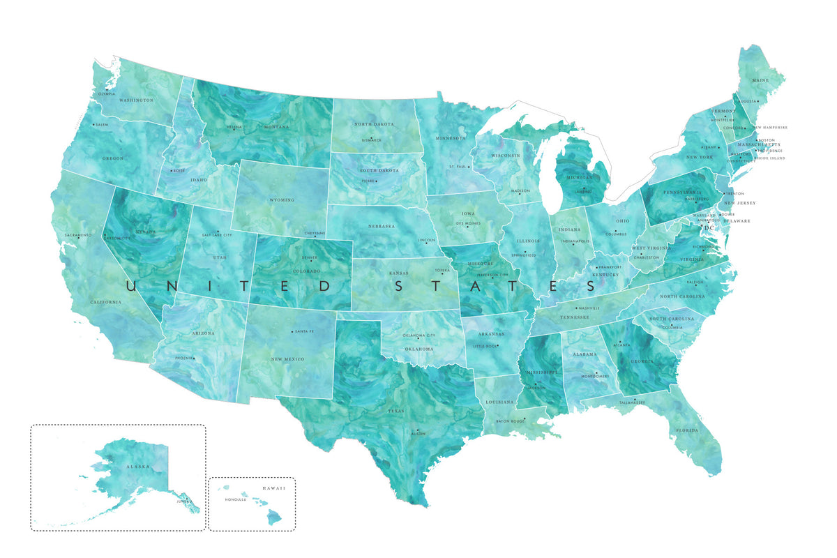 USA map with states and capitals in teal watercolor Wall Mural