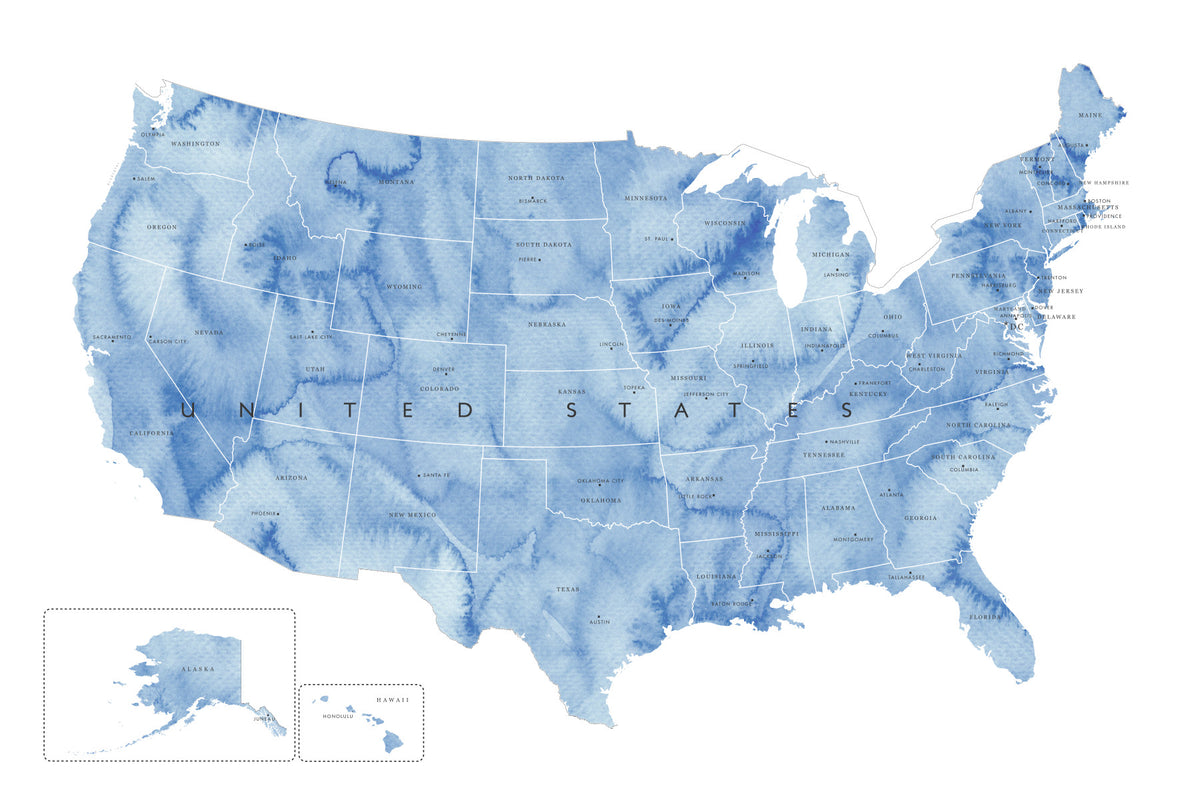 USA map with states and capitals in blue watercolor Wall Mural in your room — zoomed