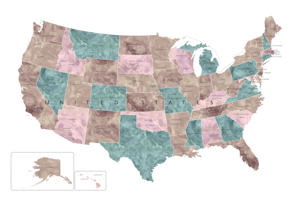 USA map with states and capitals in muted watercolor Wall Mural in your room — zoomed