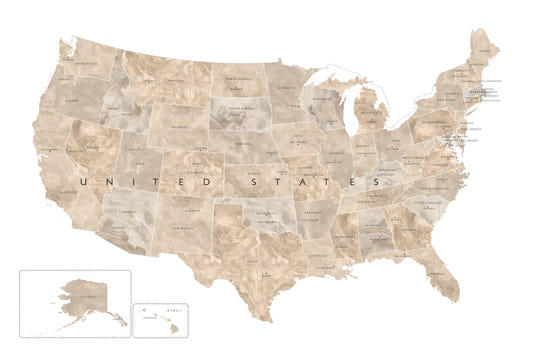 USA map with states and capitals in tan watercolor Wall Mural