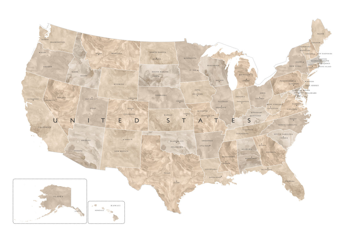 USA map with states and capitals in tan watercolor Wall Mural