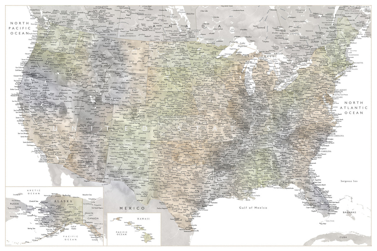 Detailed map of the USA with cities in muted watercolor, HABIKI Wall Mural