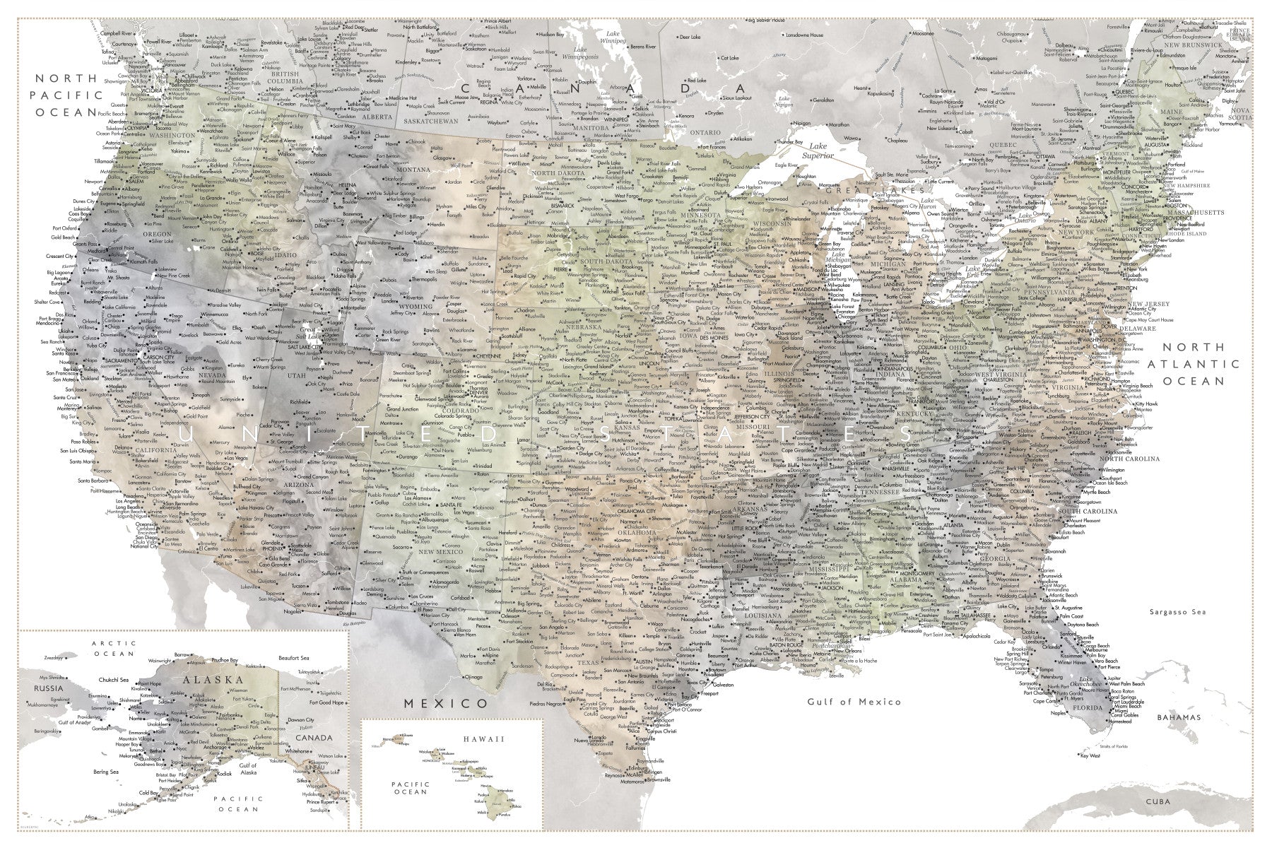 Detailed map of the USA with cities in muted watercolor, HABIKI Wall Mural