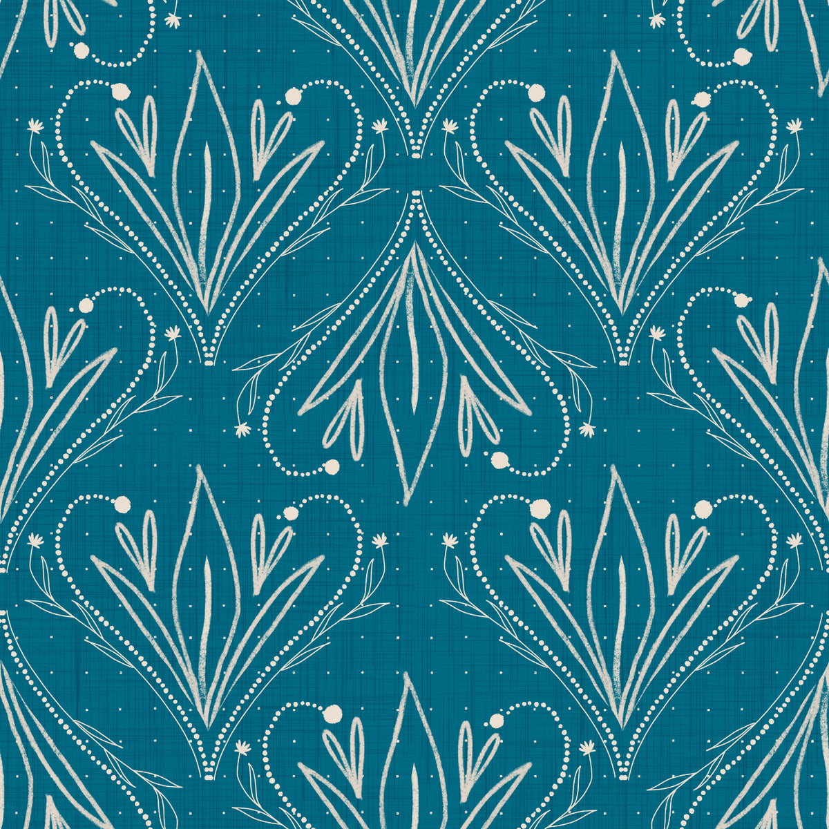 Boho Art Nouveau Folk Floral Teal Blue Wallpaper – Hand Drawn Wallpaper⁠