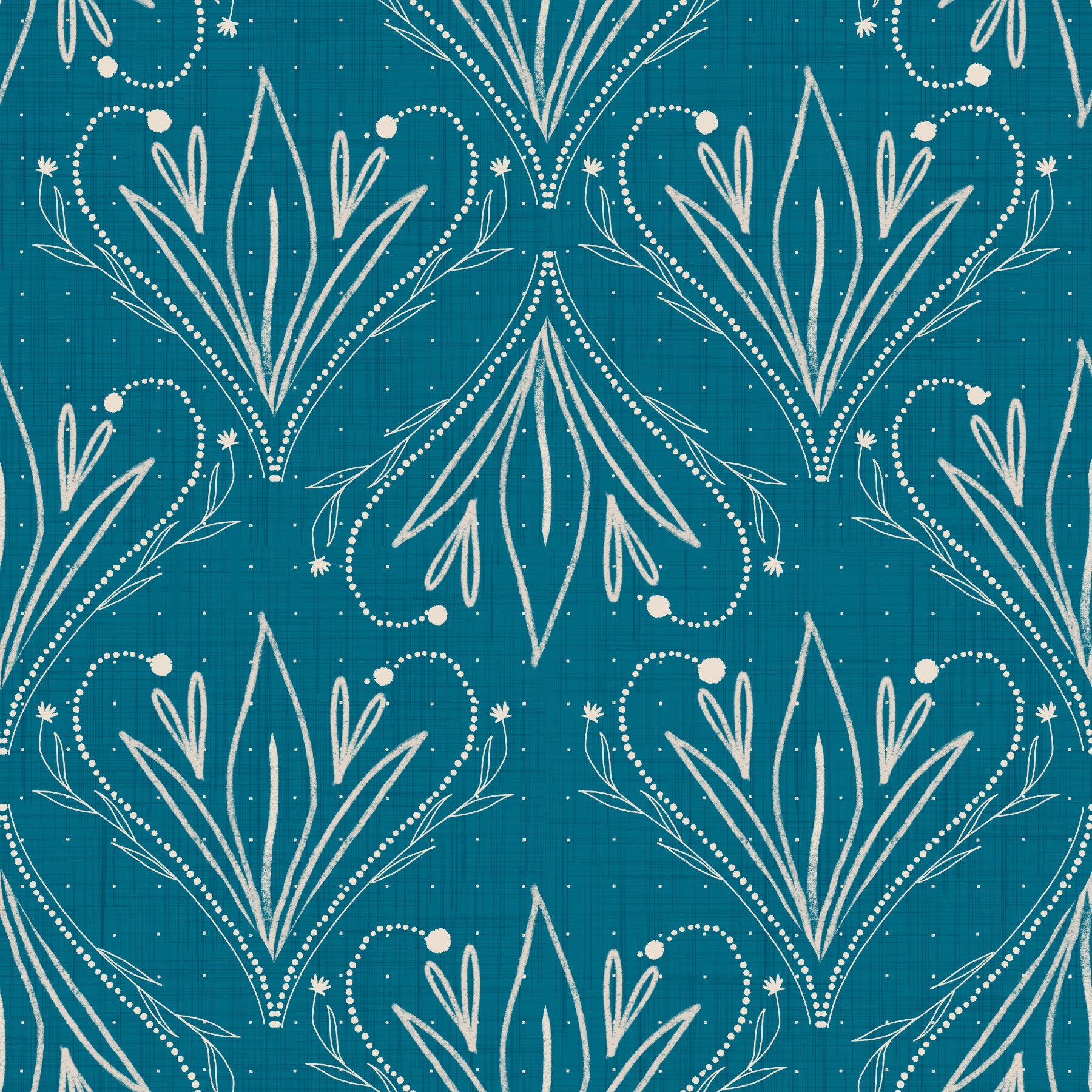 Boho Art Nouveau Folk Floral Teal Blue Wallpaper – Hand Drawn Wallpaper⁠