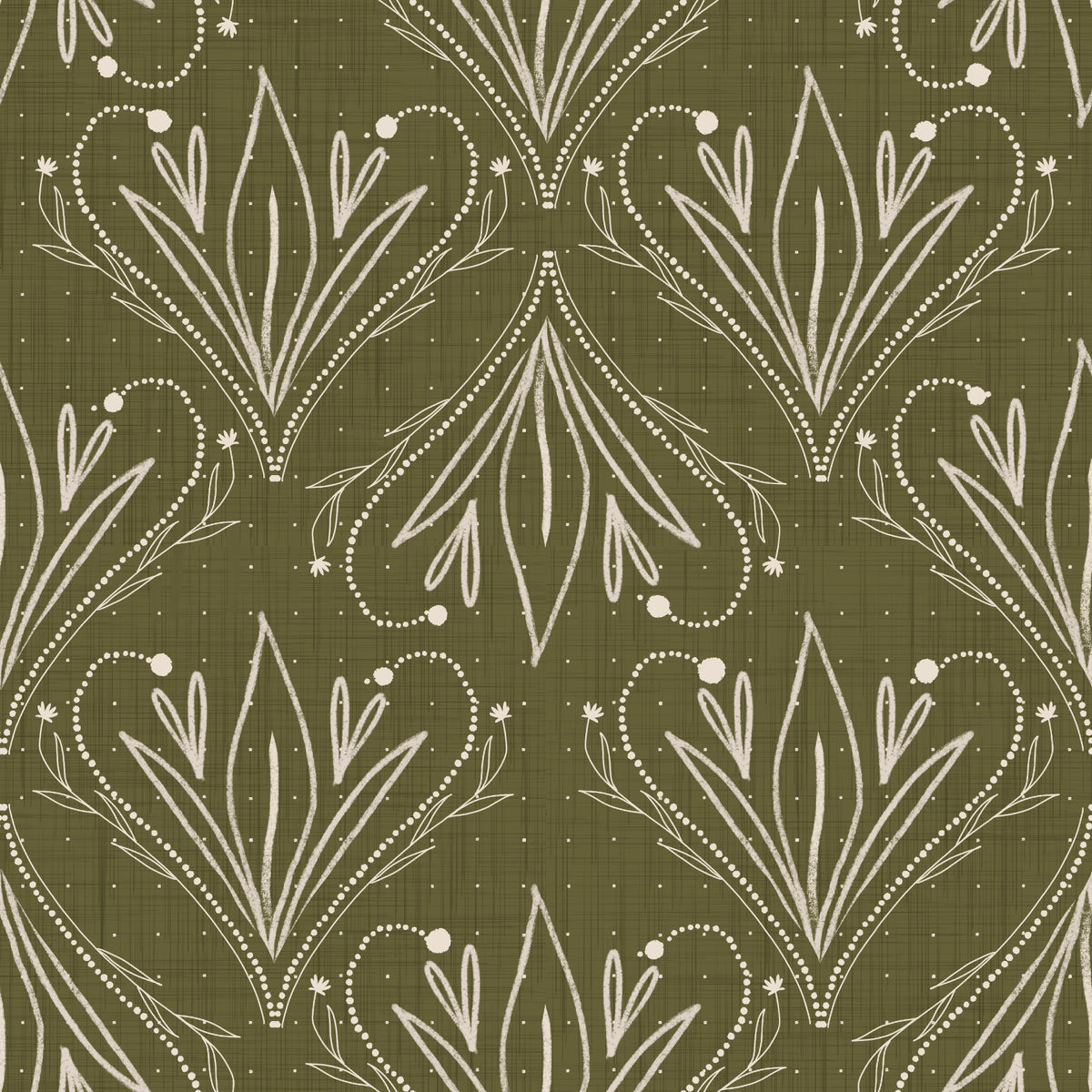 Boho Art Nouveau Folk Floral Olive Green Wallpaper – Hand Drawn Wallpaper⁠