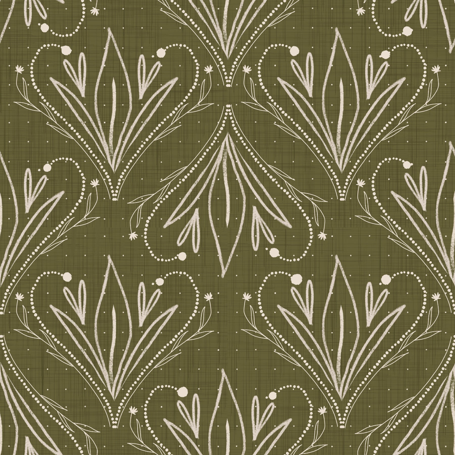 Boho Art Nouveau Folk Floral Olive Green Wallpaper – Hand Drawn Wallpaper⁠