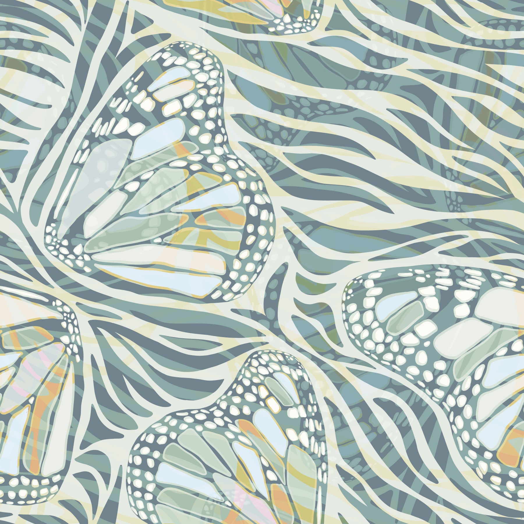 Zebra Butterfly Bloom • Maximalist Boho in Green Pastels Wallpaper⁠