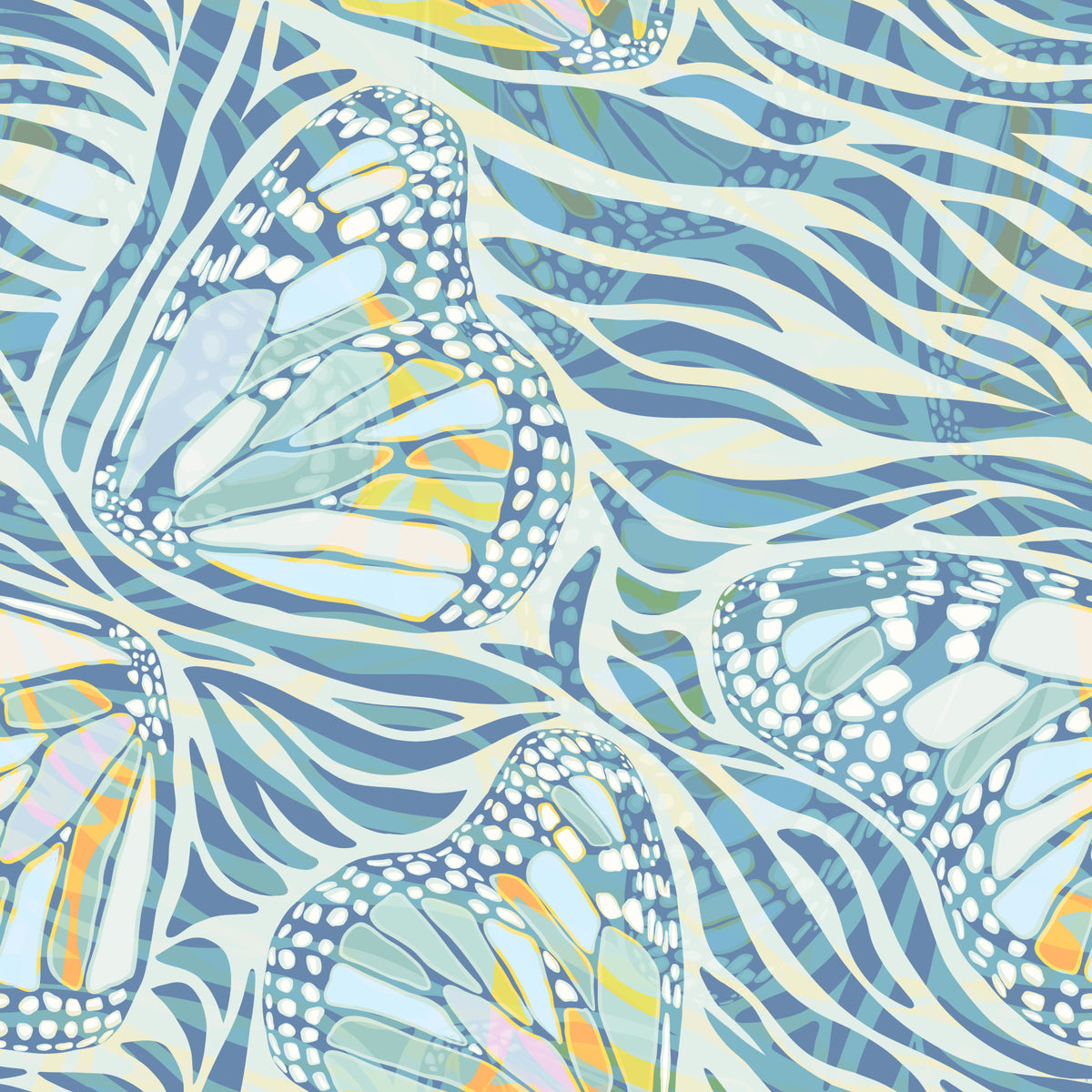Zebra Butterfly Drift • Maximalist Boho in Blue Pastels Wallpaper⁠ in your room — zoomed