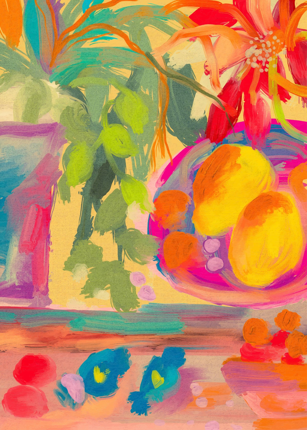 Colorful Abstract Stillife with Flowers and Lemons Wall Mural in your room — zoomed