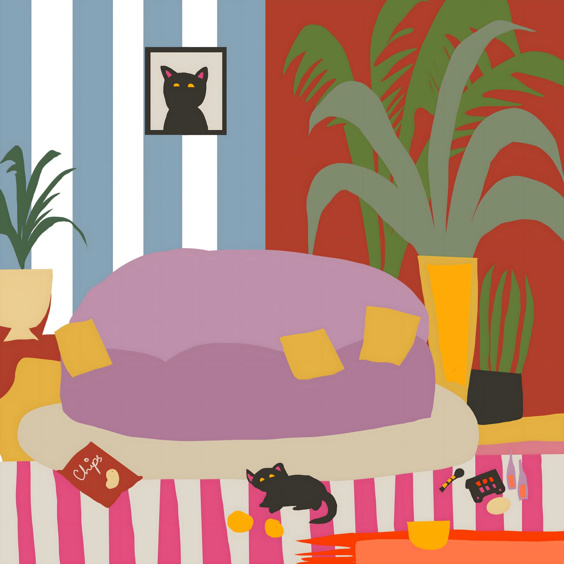 Cozy Cat Life Living Room Striped  Wall Mural