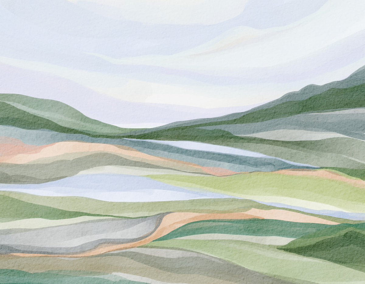 Watercolor Hillscape Wall Mural in your room — zoomed