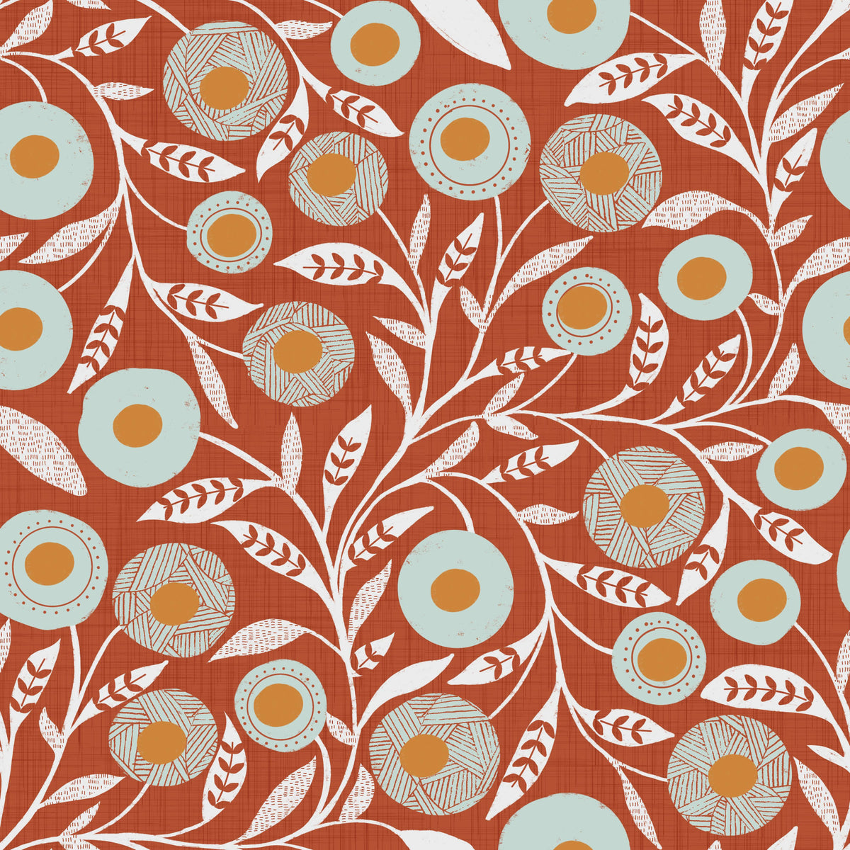 Cozy Scandi Folk Floral Burnt Terracotta - Craft Botanical Wallpaper⁠ in your room — zoomed