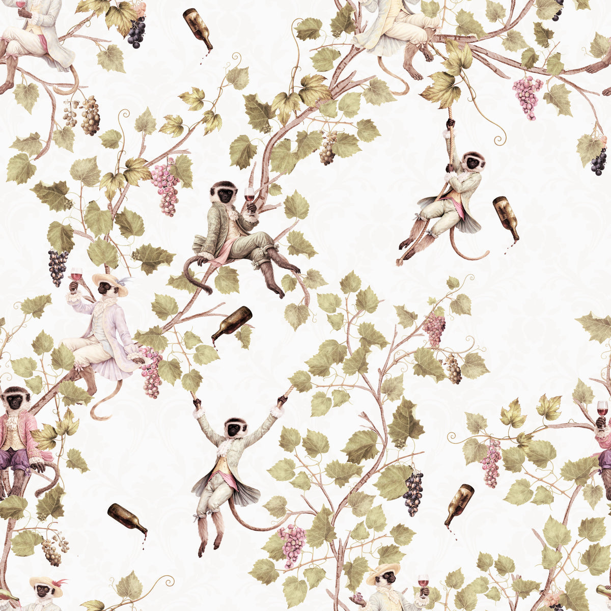Whimsical Rococo Monkeys Wine Festival Vintage Aristocratic Vineyard Garden white Wallpaper⁠
