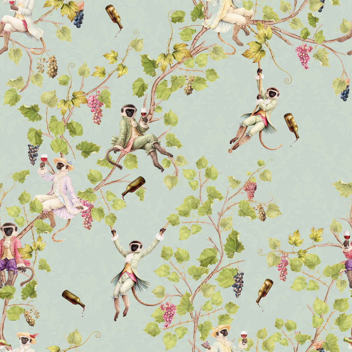 Whimsical Rococo Monkeys Wine Festival Vintage Aristocratic Vineyard Garden turquoise Wallpaper⁠
