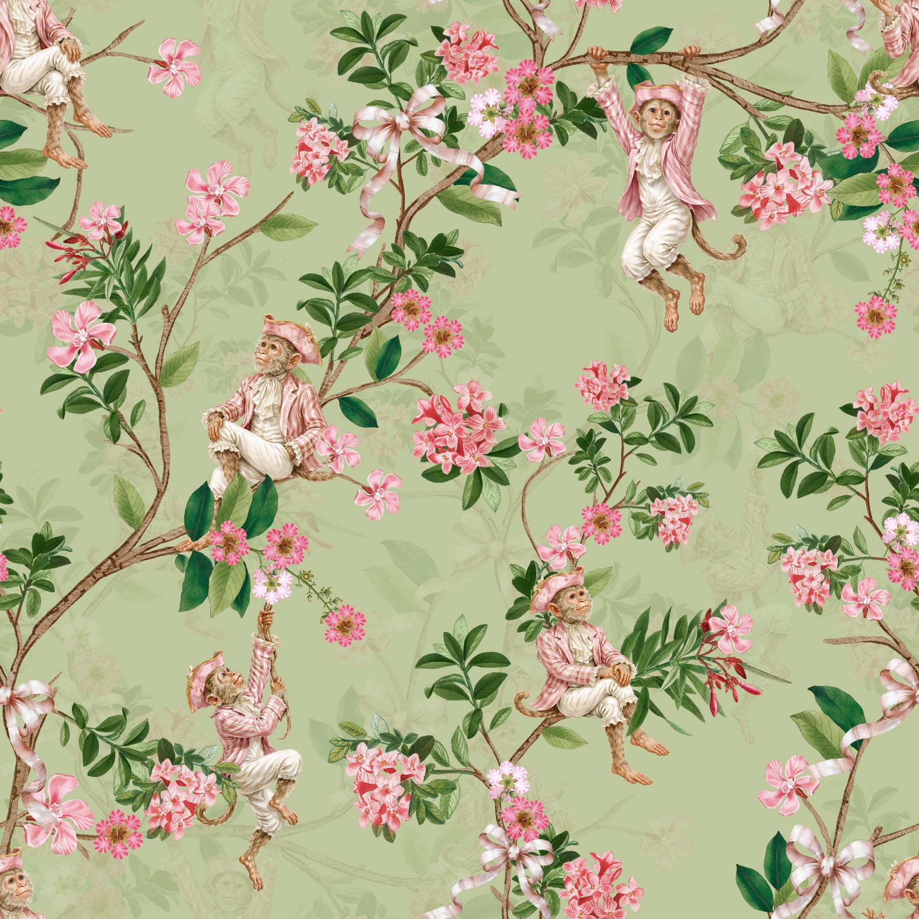 Whimsical Rococo Monkeys Wine Festival Vintage Aristocratic Vineyard Garden Party green Wallpaper⁠