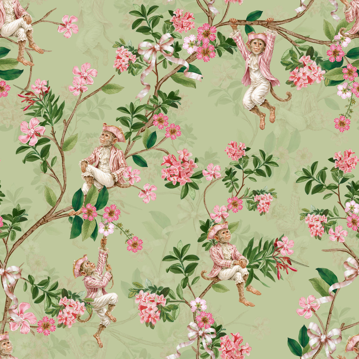Whimsical Rococo Monkeys Wine Festival Vintage Aristocratic Vineyard Garden Party green Wallpaper⁠ in your room — zoomed
