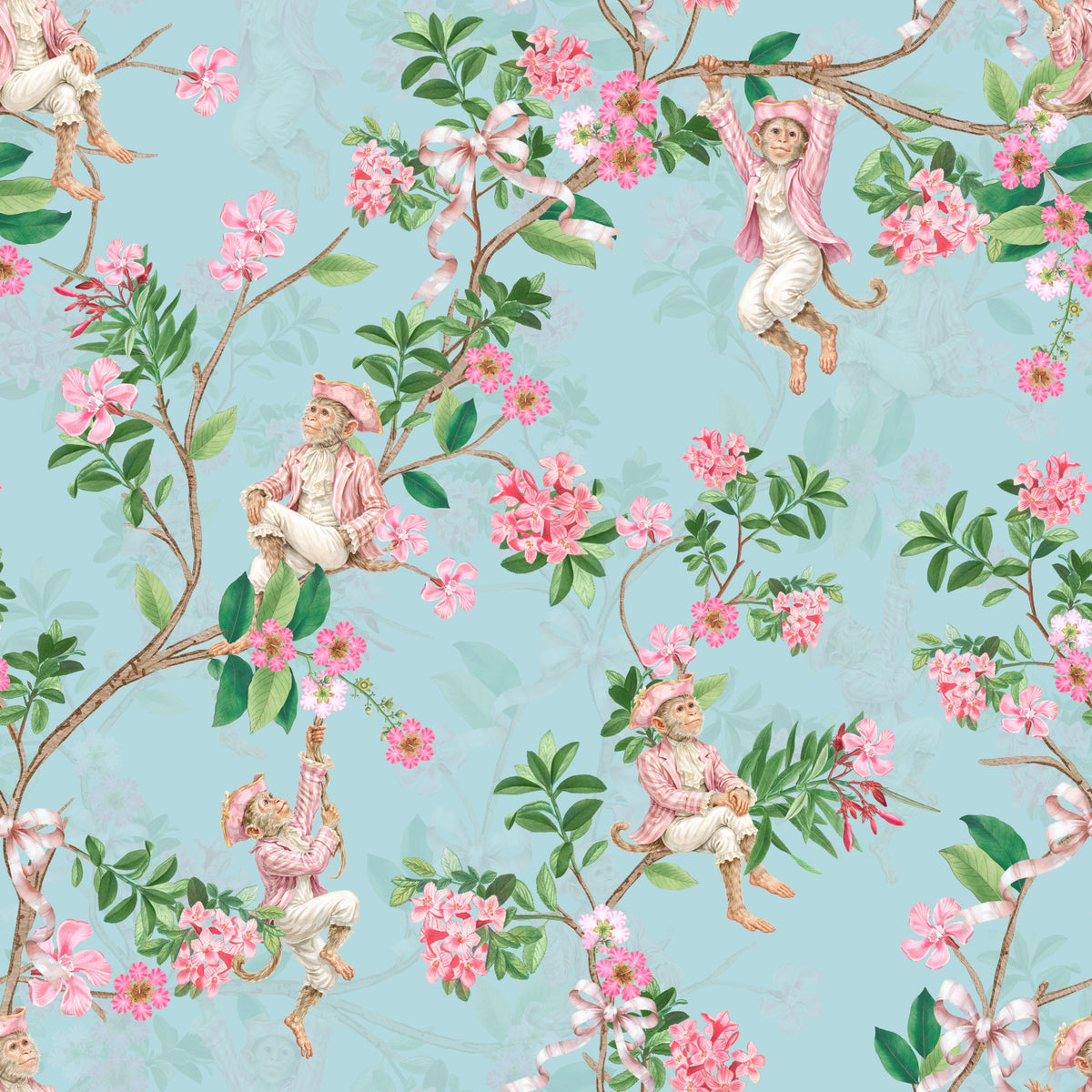Whimsical Rococo Monkeys Wine Festival Vintage Aristocratic Vineyard Garden Party blue Wallpaper⁠ in your room — zoomed