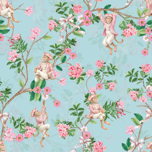 Whimsical Rococo Monkeys Wine Festival Vintage Aristocratic Vineyard Garden Party blue Wallpaper⁠
