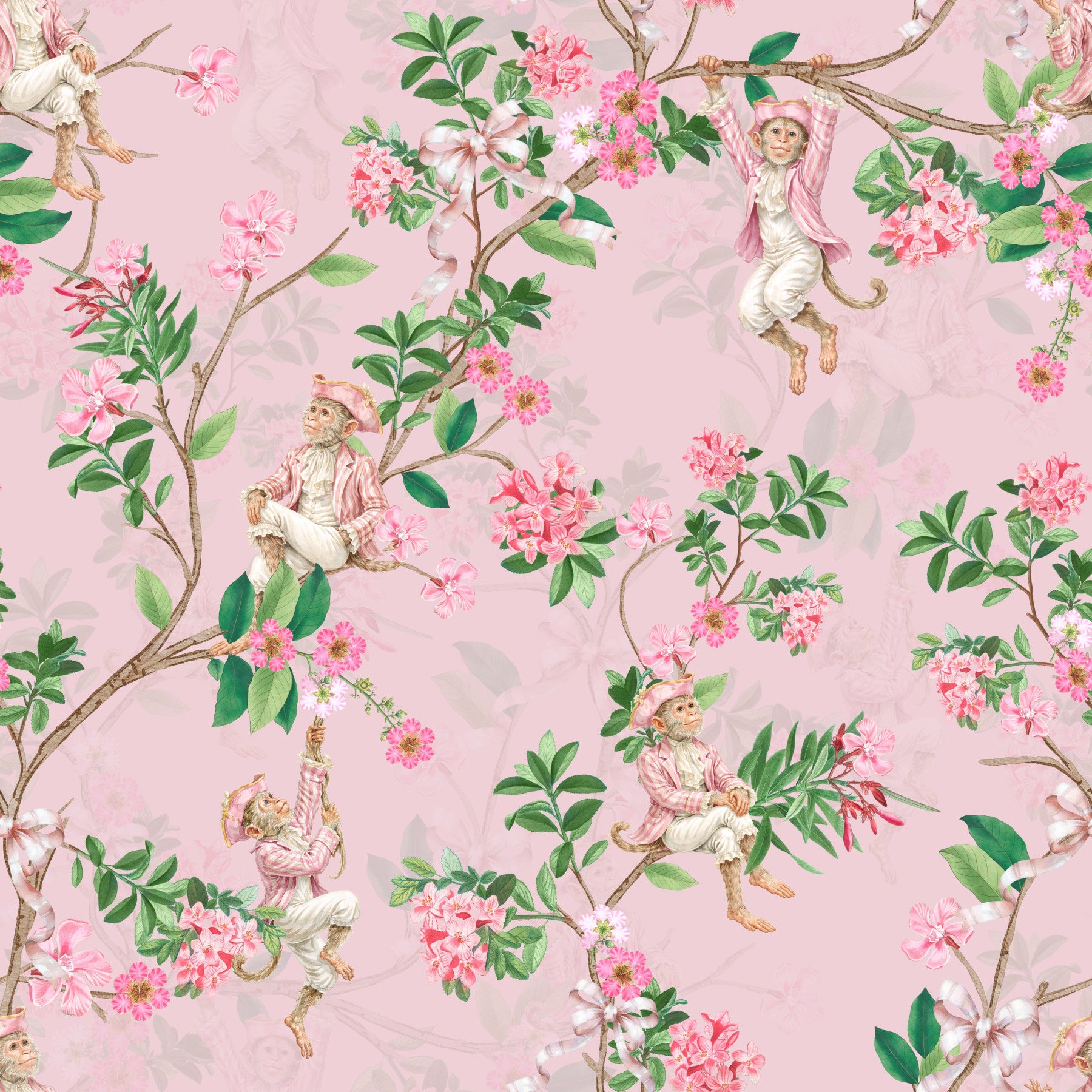 Whimsical Rococo Monkeys Wine Festival Vintage Aristocratic Vineyard Garden Party pink Wallpaper⁠