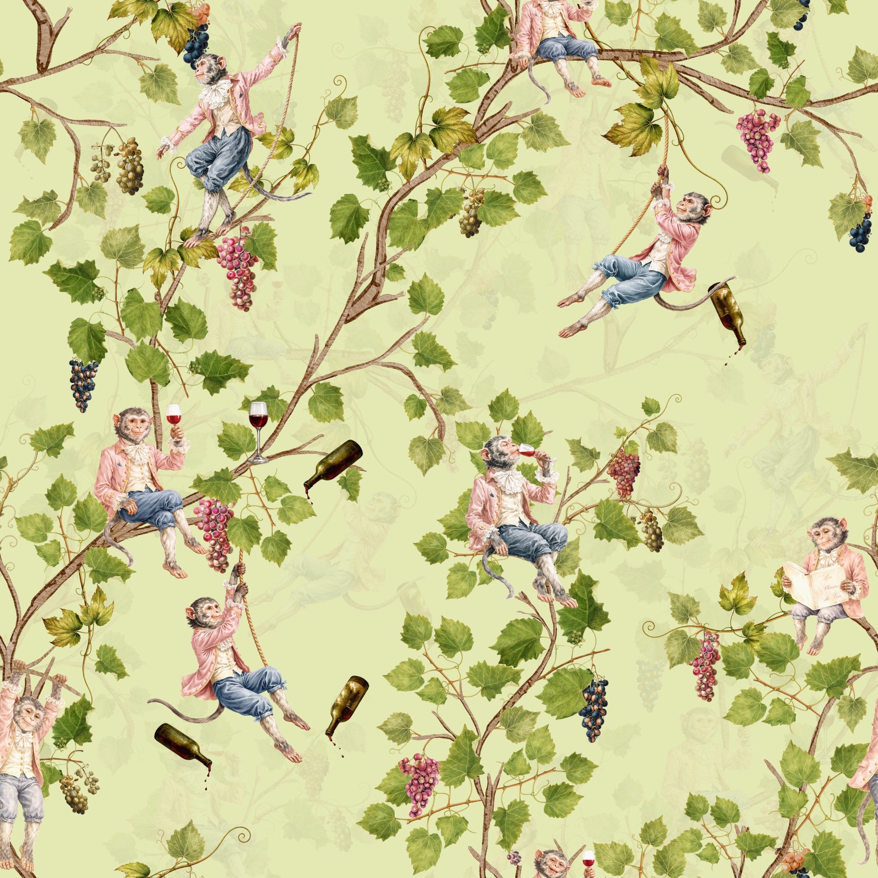 Whimsical Rococo Monkeys Wine Festival Aristocratic Vineyard Vintage  Garden  green Wallpaper⁠