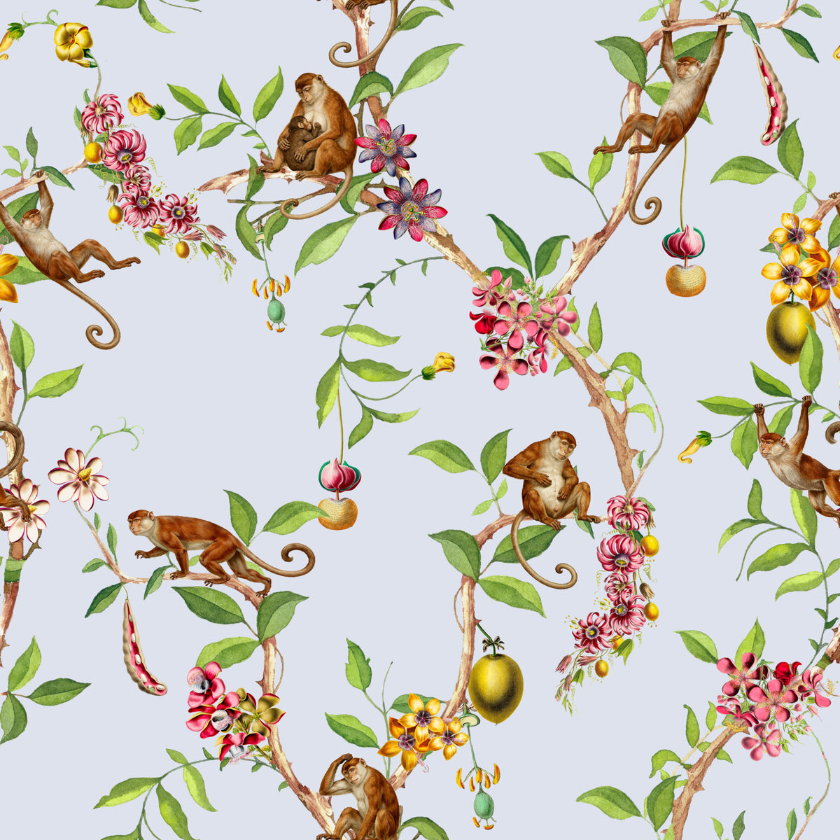 Whimsical Playing Monkeys Family Vintage Exotic Garden blue Wallpaper⁠