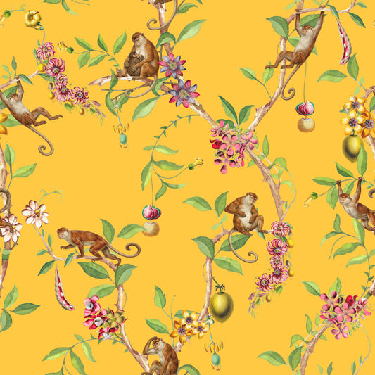 Whimsical Playing Monkeys Family Vintage Exotic Garden yellow Wallpaper⁠
